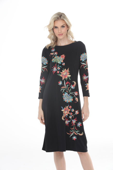 Johnny Was Black Floral Embroidered 3/4 Sleeves Dress J12343