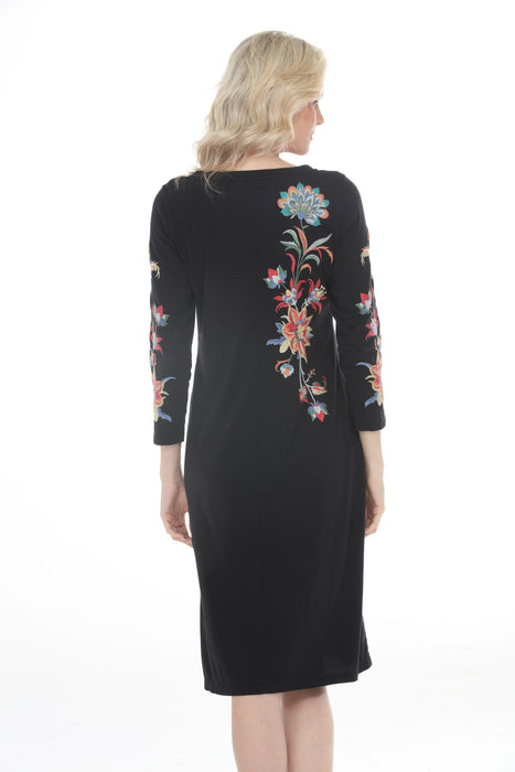 Johnny Was Black Floral Embroidered 3/4 Sleeves Dress J12343