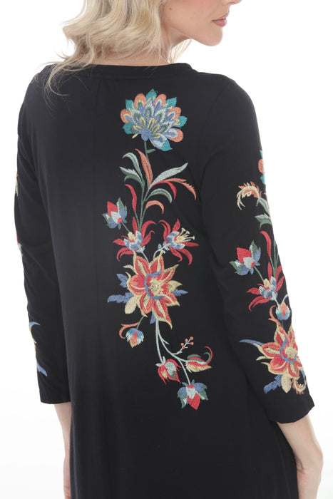 Johnny Was Black Floral Embroidered 3/4 Sleeves Dress J12343