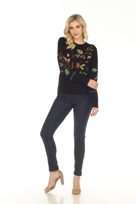 Johnny Was Black Isabella Wool Cashmere Embroidered Sweater Top Boho Chic M66223