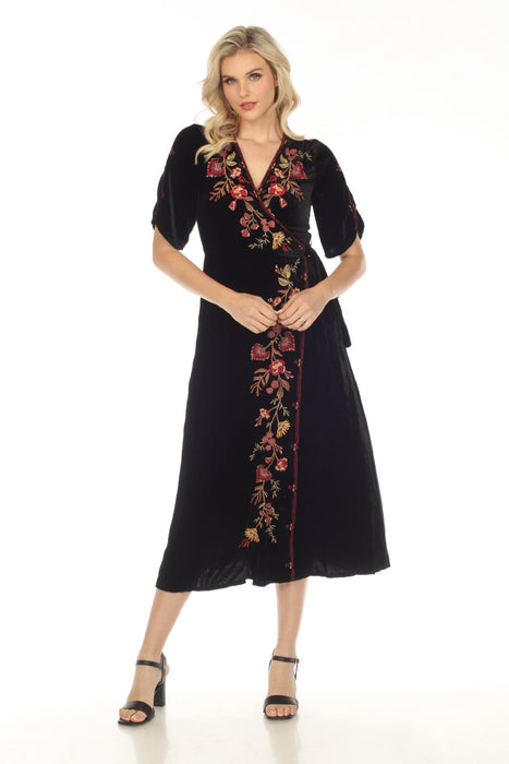 Johnny Was Style R32923 Black Lilith Velvet Floral Embroidered Wrap Dress Boho Chic