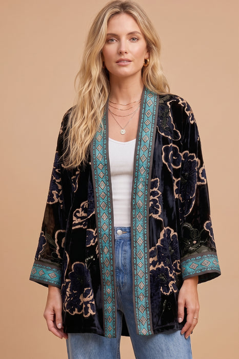 Johnny Was Black Monade Burnout Long Sleeve Merhawi Kimono C41925-O
