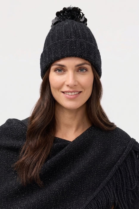 Johnny Was Black Pom Pom Sequins Beanie M64125
