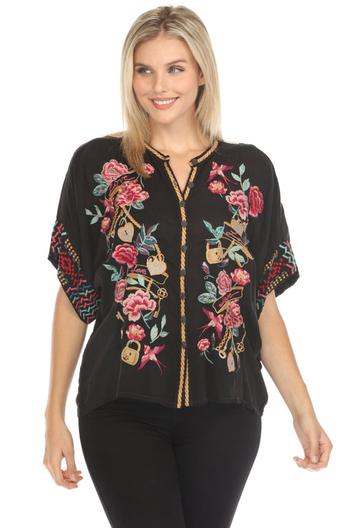Johnny Was Style C11525-R Black Roylane Eddy Floral Embroidered Blouse