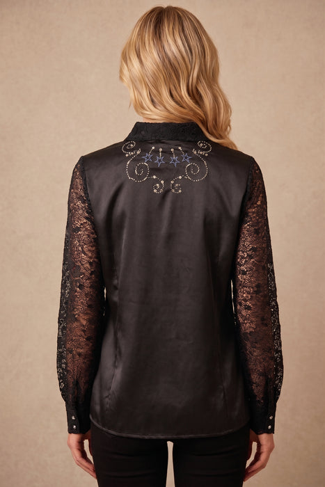 Johnny Was Black Vanti Silk Blend Embroidered Lace Shirt C17225-O