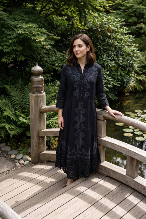 Johnny Was Black Western Embroidered Midi Vipiana Dress Slip C31326-1