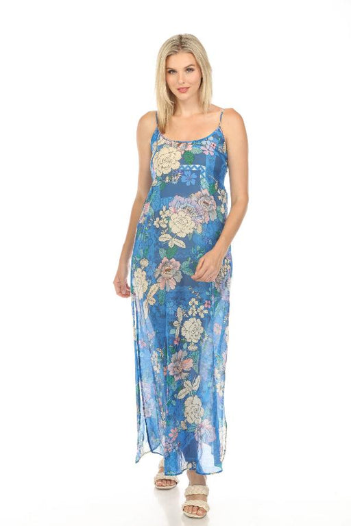 Johnny Was Style CSW5423-N Blue Dove Back Tie Strappy Floral Smocked Maxi Dress Boho Chic