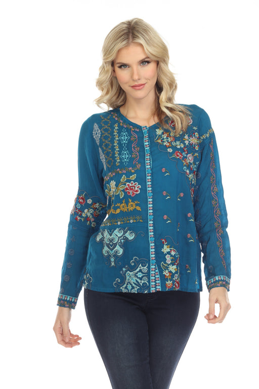 Johnny Was Style C16322 Blue Endora Embroidered Long Sleeve Blouse Boho Chic