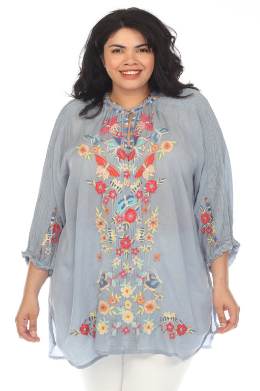 Johnny Was Style C26123 Blue Leona Embroidered 3/4 Sleeve Tunic Top Plus Size