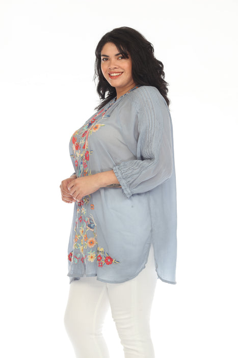 Johnny Was Blue Leona Embroidered 3/4 Sleeve Tunic Top Plus Size C26123
