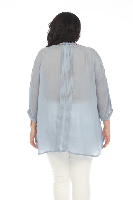 Johnny Was Blue Leona Embroidered 3/4 Sleeve Tunic Top Plus Size C26123