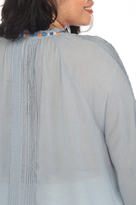 Johnny Was Blue Leona Embroidered 3/4 Sleeve Tunic Top Plus Size C26123