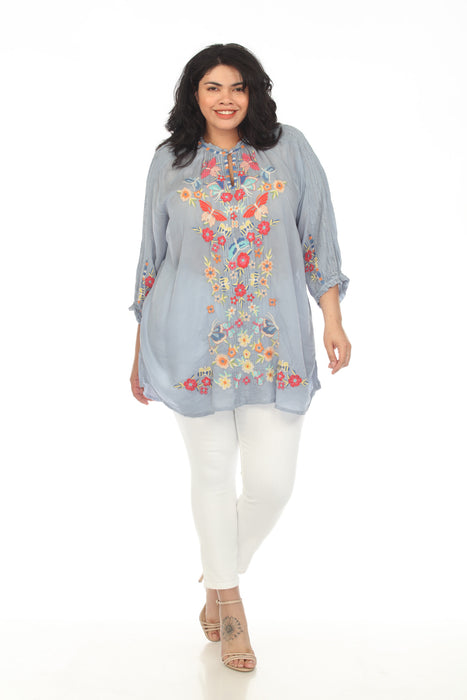 Johnny Was Blue Leona Embroidered 3/4 Sleeve Tunic Top Plus Size C26123