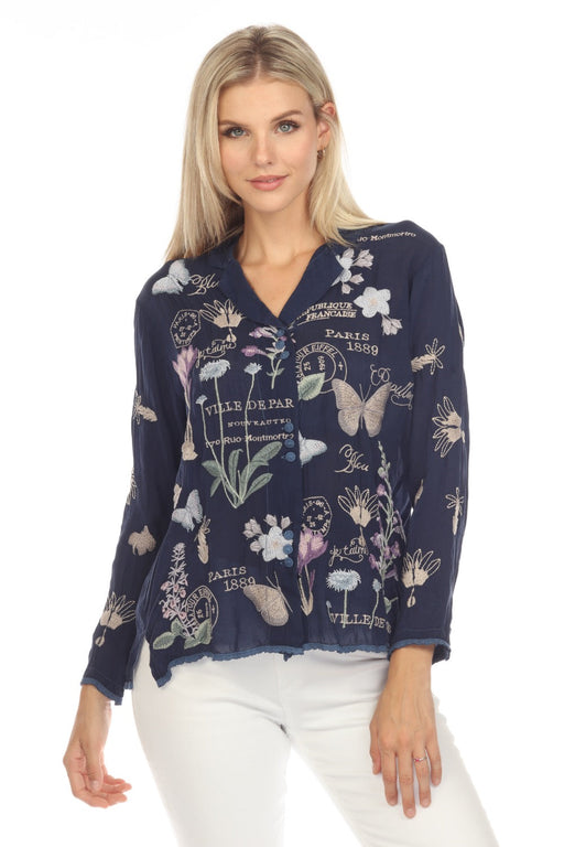 Johnny Was Style C11323-1 Blue Mariposa Embroidered Long Sleeve Blouse Boho Chic