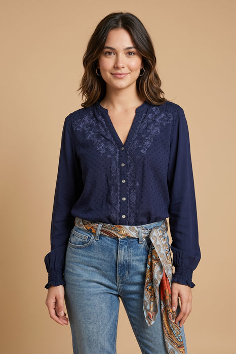 Johnny Was Calme Blue Night Mixed Media Hi Lo Shirt O10325-7