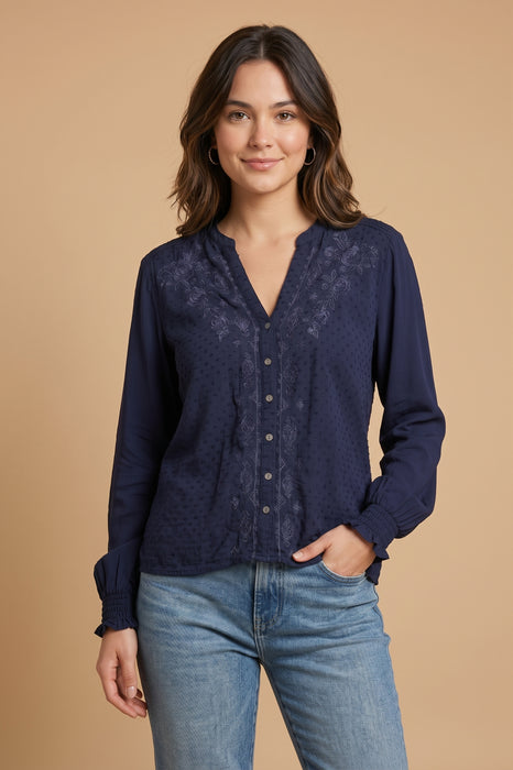 Johnny Was Calme Blue Night Mixed Media Hi Lo Shirt O10325-7