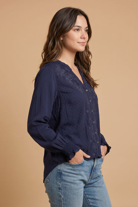Johnny Was Calme Blue Night Mixed Media Hi Lo Shirt O10325-7