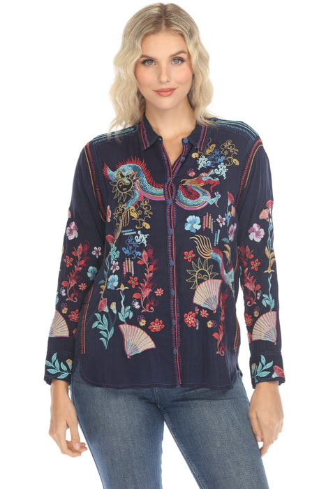 Johnny Was Style C11825-R Blue Night Velouria Embroidered Button-Down Blouse