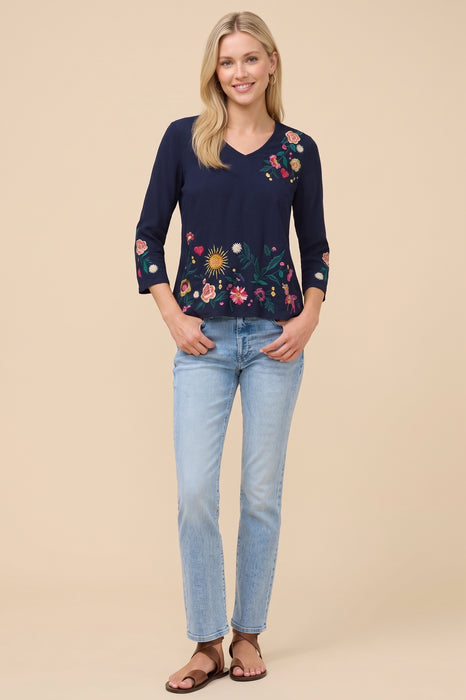 Johnny Was Ziviana 3/4 Sleeve Trapunto V-Neck Tee J18426-R*