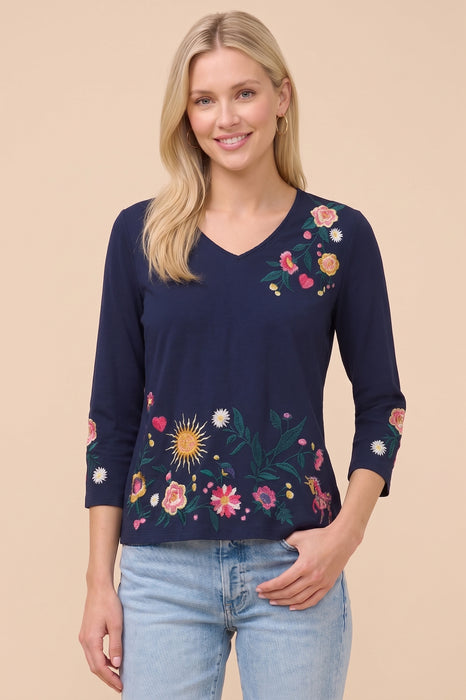 Johnny Was Ziviana 3/4 Sleeve Trapunto V-Neck Tee J18426-R*