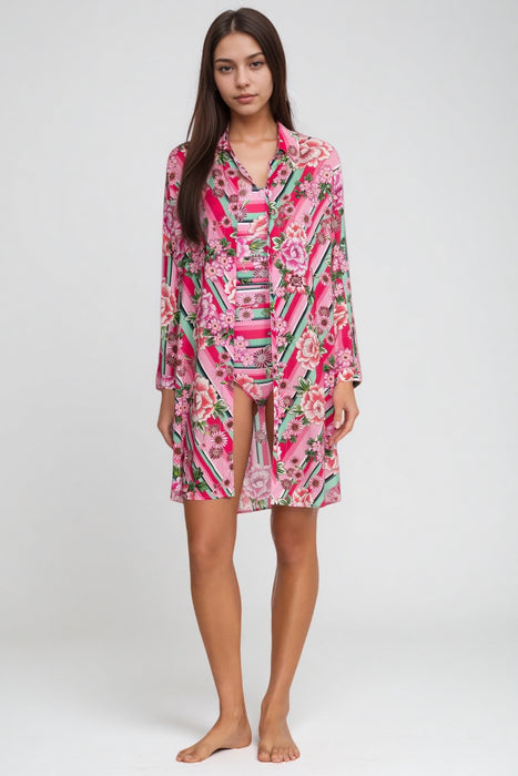 Johnny Was Pink Bocardi Floral Button Down Shirt Dress CSW7924-N