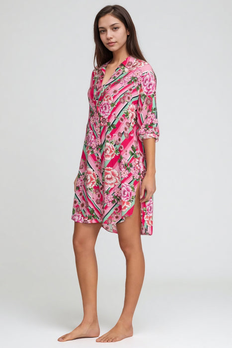 Johnny Was Pink Bocardi Floral Button Down Shirt Dress CSW7924-N