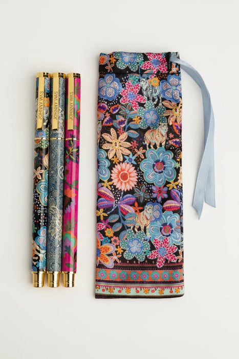Colorful three-pen set with floral bag from Johnny Was