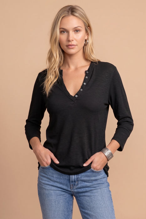 Johnny Was Calme Black Beauty Button V-Neck Long Sleeve Tee O11108-7
