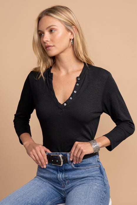 Johnny Was Calme Black Beauty Button V-Neck Long Sleeve Tee O11108-7