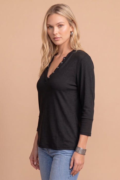 Johnny Was Calme Black Beauty Button V-Neck Long Sleeve Tee O11108-7