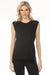 Woman wearing a black crew neck sleeveless top with crochet detail on the armholes from Johnny Was