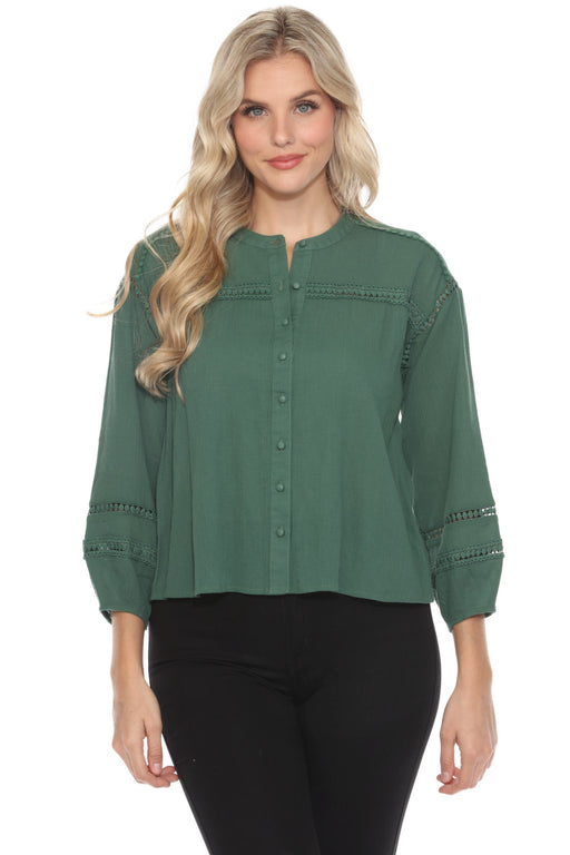 Johnny Was Calme Style O21056 Green Lace Trim Button-Down Blouse