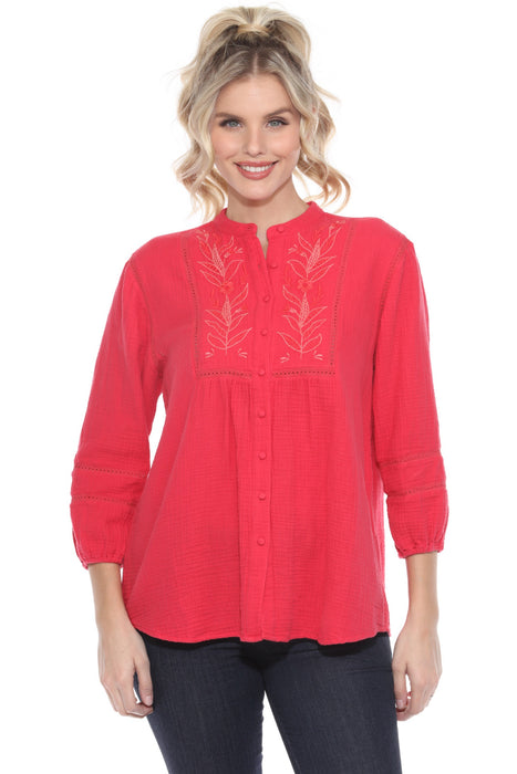 Johnny Was Calme Style O21069 Pink Gauze Embroidered Button-Down Blouse