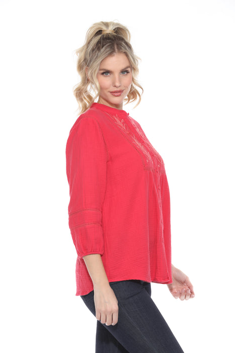 Johnny Was Calme Pink Gauze Embroidered Button-Down Blouse O21069