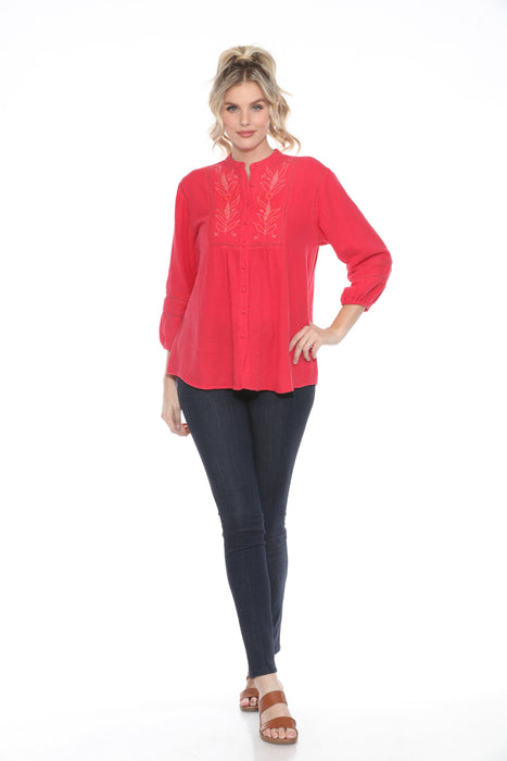 Johnny Was Calme Pink Gauze Embroidered Button-Down Blouse O21069