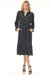 Woman wearing a navy midi dress with henley neckline and pleated accent from Johnny Was