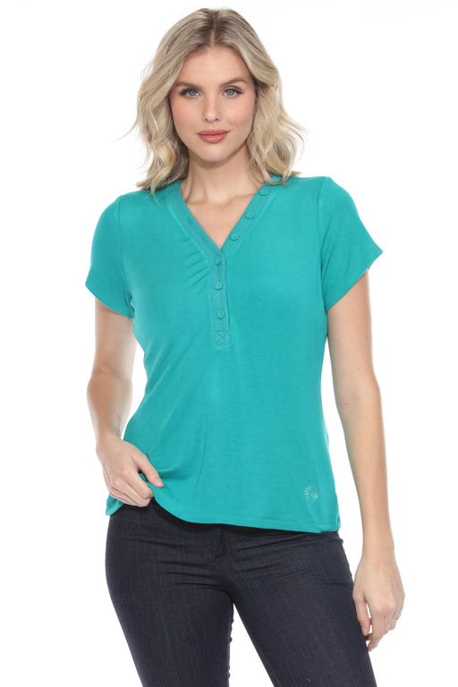 Johnny Was Calme Style O11114 Teal Button V-Neck Short Sleeve Tee