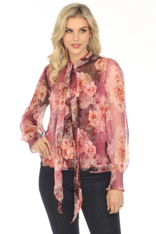Johnny Was Style R18823 Carina Silk Floral Pussy Bow Long Sleeve Blouse Boho Chic