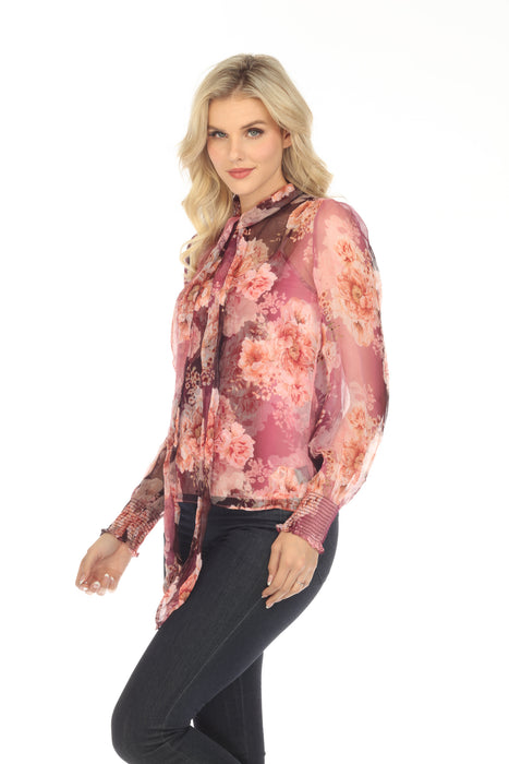 Johnny Was Carina Silk Floral Pussy Bow Long Sleeve Blouse Boho Chic R18823