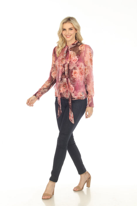 Johnny Was Carina Silk Floral Pussy Bow Long Sleeve Blouse Boho Chic R18823
