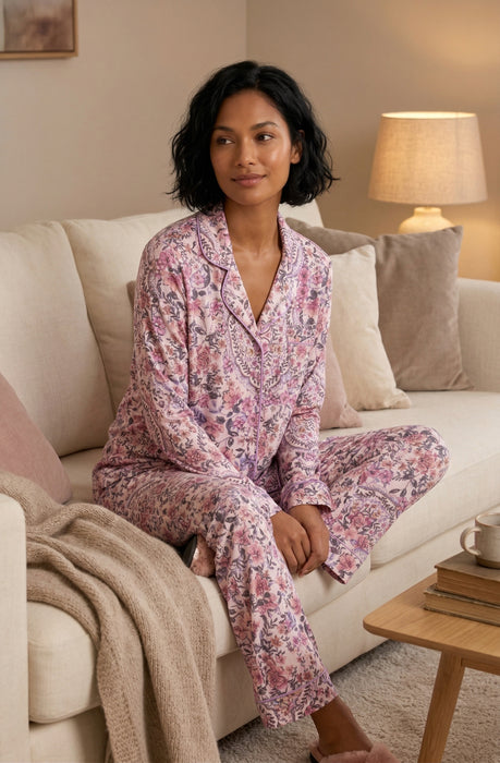 Woman wearing a matching floral printed button down top and pajama pants from Johnny Was