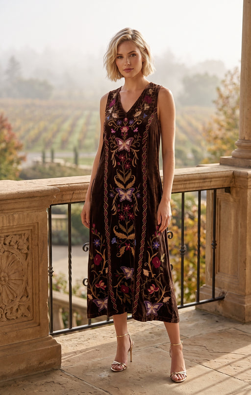 A woman stands on a stone balcony wearing a sleeveless, V-neck midi dress with intricate floral and butterfly embroidery in dark brown, burgundy, and gold tones from Johnny Was