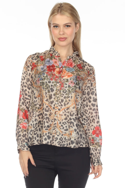 Johnny Was Style C14822 Cheetah Amabel Silk Button-Down Blouse Boho Chic