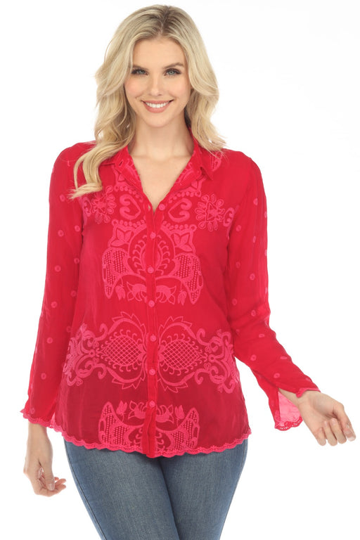 Johnny Was Style C13722 Cherries Jubilee Runswick Lenny Embroidered Button-Down Top Boho Chic