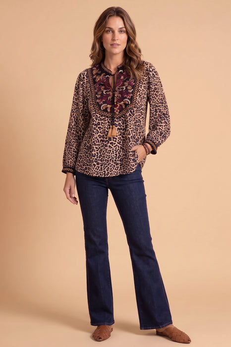 Johnny Was Chestnut Leopard Tassel Yoke Blouse W14725-8