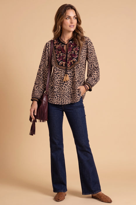 Johnny Was Chestnut Leopard Tassel Yoke Blouse W14725-8