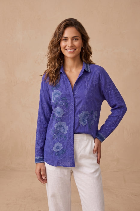 Johnny Was Clematis Blue Muriel Slim Audrey Button Down Tunic C27825-E