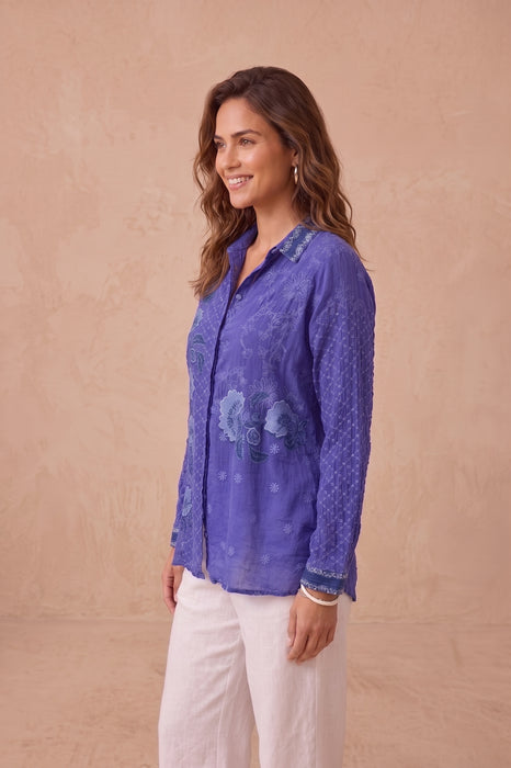 Johnny Was Clematis Blue Muriel Slim Audrey Button Down Tunic C27825-E