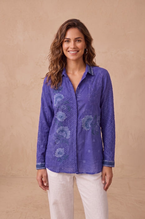 Johnny Was Clematis Blue Muriel Slim Audrey Button Down Tunic C27825-E