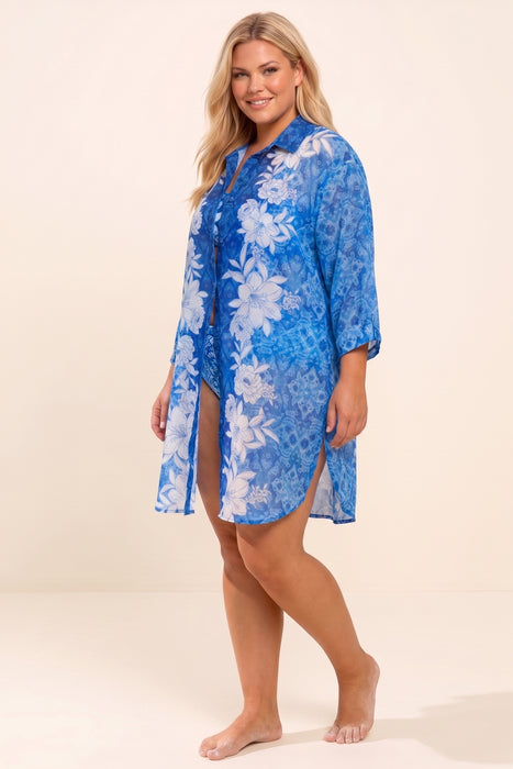 Johnny Was Blue Clio Mix Button Down Shirt Dress CSW8124-MX Plus Size